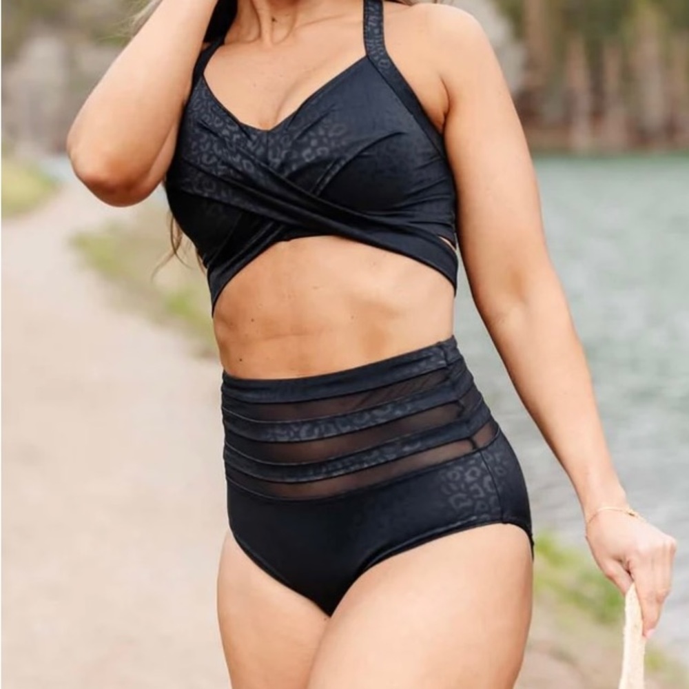 Kiava Swim small black leopard high waist swim bottom